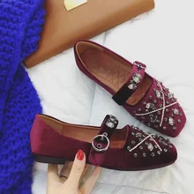 Korean Style Fashion Elegant Karree Schwarz Weinrot Samt Oberteil 2017 Frühjahr Neue Ankunft Frauen Singles Schuhe Mit Strass