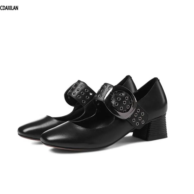 

CDAXILAN new arrival pumps women shoes genuine leather 4.5cm middle heels square toe Mary Janes lady office career buckle strap
