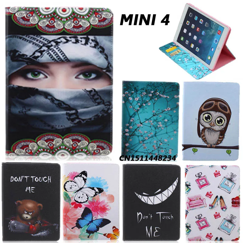 

New Fashion Painting Designer Case For Apple Ipad Mini 4 ipad Mini4 7.9inch Luxury Smart Cover Leather Flip Stand Case+film+pen