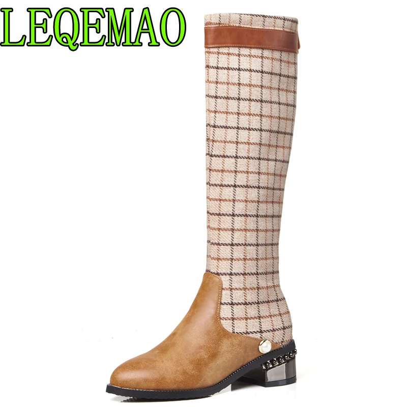 

Plus Size 34-43 Women Winter Warm Knee High Boots Fashion Plaid Woman Shoes Zipper Beads Long Boots Ladies Footwear