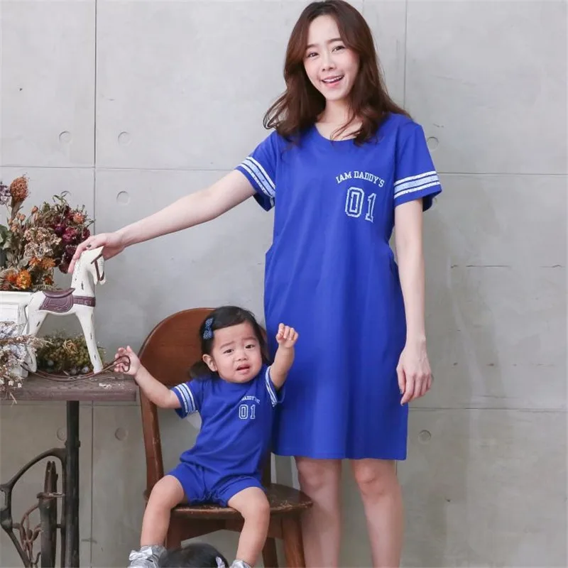 

Infant Baby&Mom Sport Dress NewBorn Baby Rompers+ Mom Dresses Parent&Child Cloth Set Korean Casual Knee-Length A-Line Blue,Gray