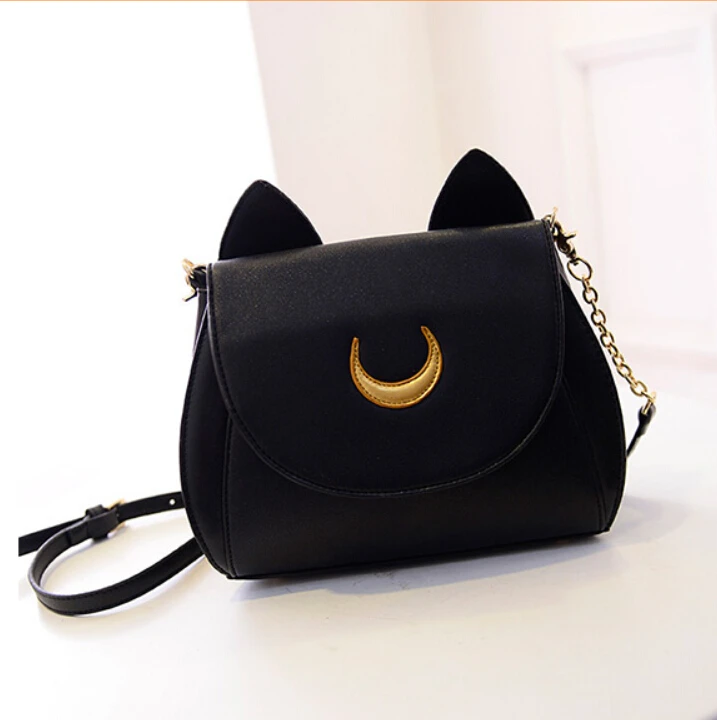 Women Shoulder Bag Black Leather Small Sailor Moon Chains Sling Bag Cute Kawaii Cat Crossbody ...