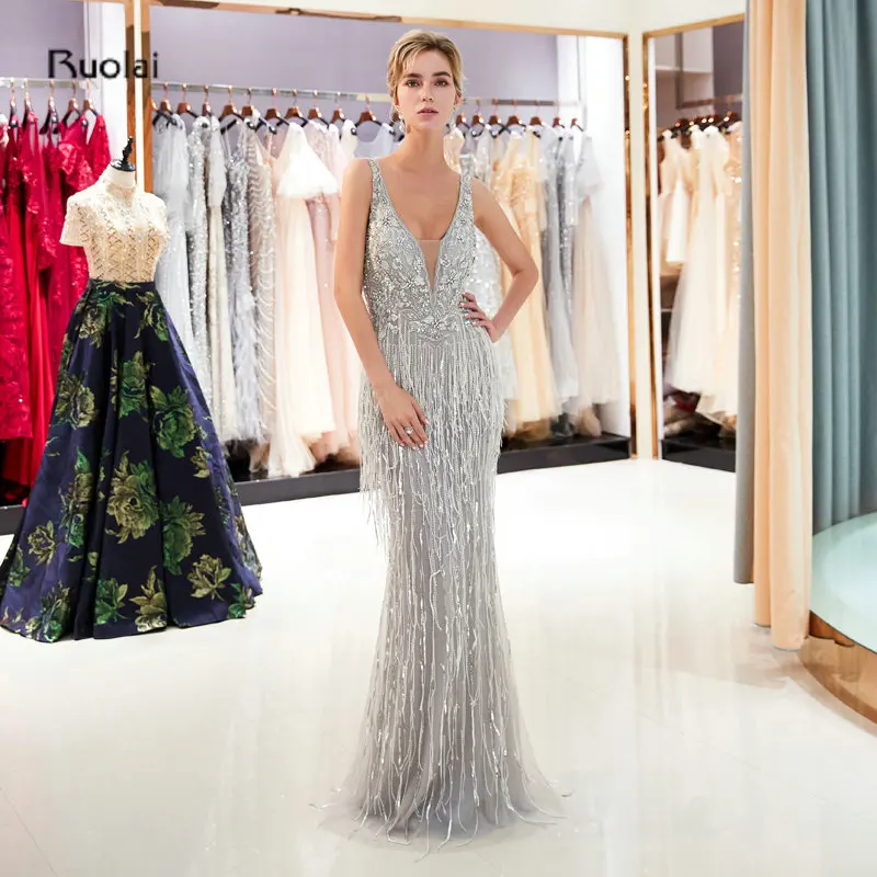 Luxury Evening Dresses Long 2018 Mermaid V Neck Heavy Beaded Tassel Arabic Dubai Evening Gowns Formal Party Dress robe de soiree Luxury Evening Dresses Long 2018 Mermaid V Neck Heavy Beaded Tassel Arabic Dubai Evening Gowns Formal Party Dress robe de soiree