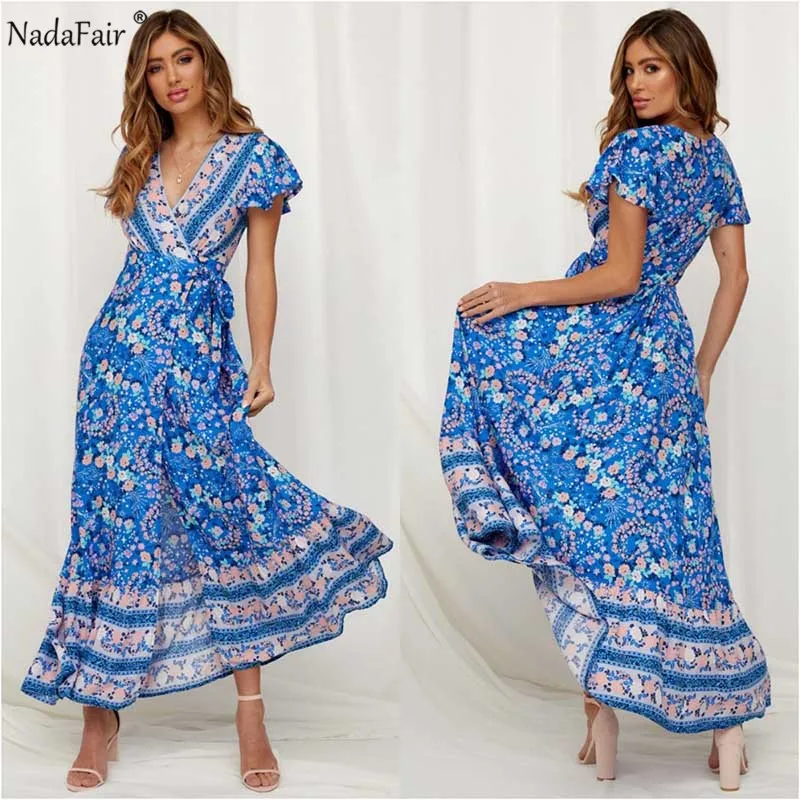 Nadafair, винтажное богемное платье с цветочным принтом, женское, с разрезом, сексуальное, длинное, Пляжное, летнее платье, Vestidos, с поясом, на шнуровке, элегантные, вечерние, макси платье
