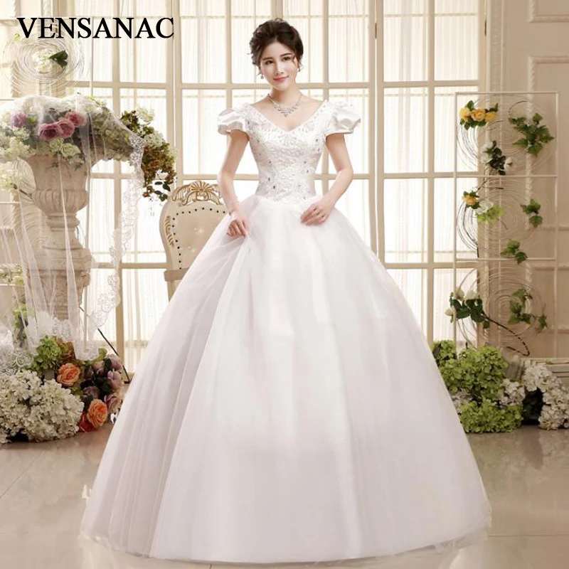 VENSANAC 2018 Pearls V Neck Sequined Ball Gown Lace Wedding Dresses Crystal Short Cap Sleeve Backless Bridal Gowns