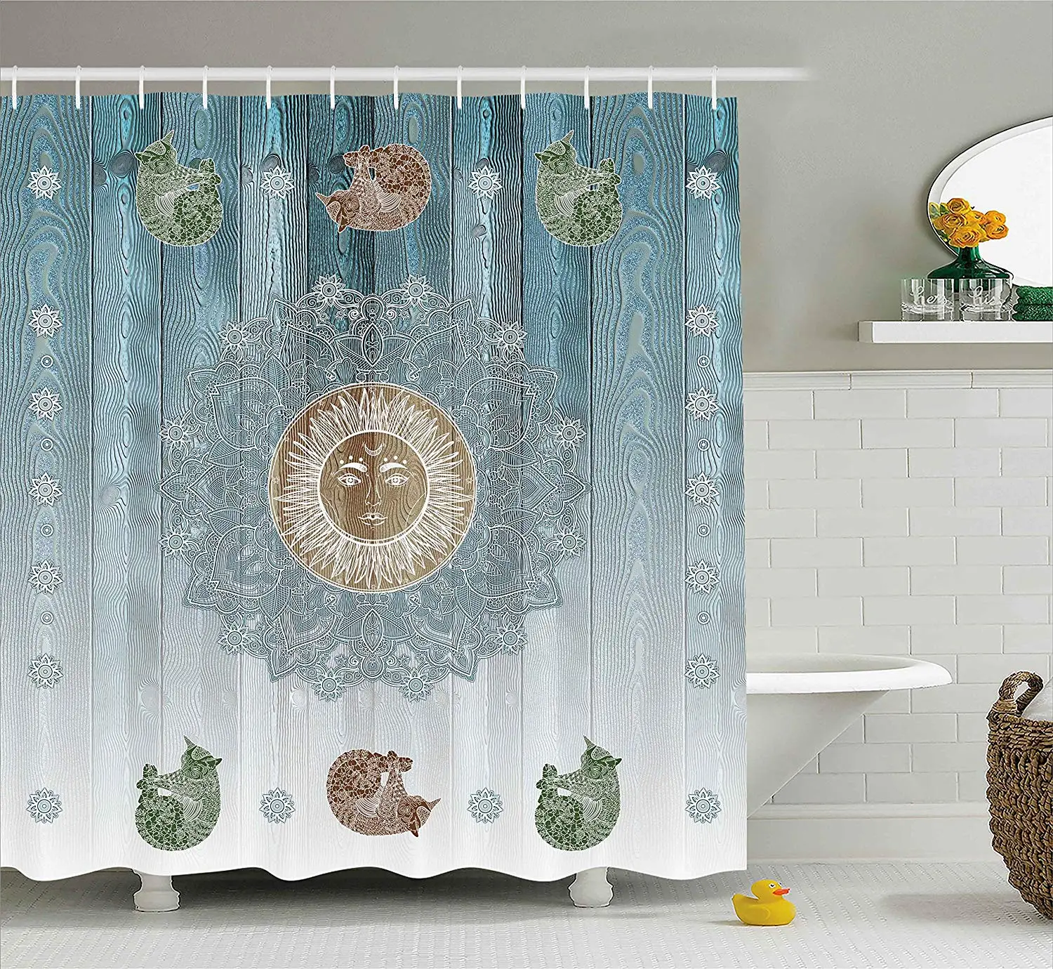Shower Curtain Ancient Sun Figure Cats Spiritual Sacred Belief Totem