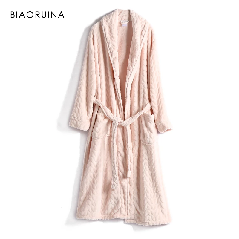 Baratos BIAORUINA Para Mujer Todo fósforo rojo Coral polar sólido batas femeninas casuales calientes para dormir batas gruesas para mujer batas de todos los días