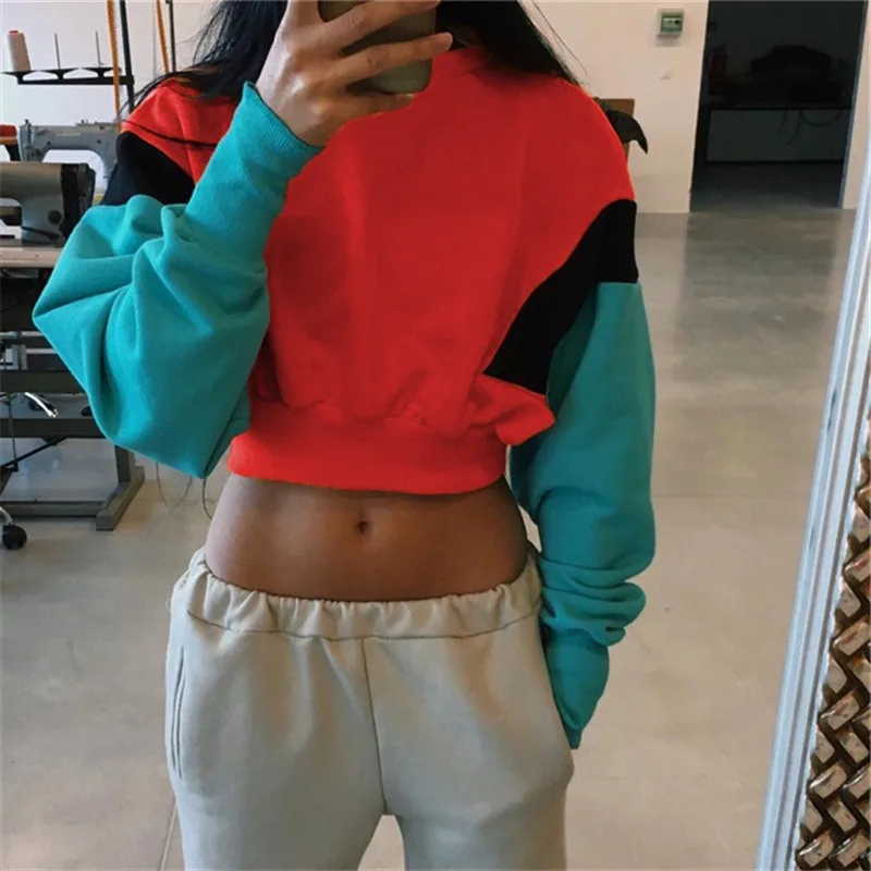 

2019 Autumn Women's Long Sleeve O Neck Patchwork Colors Short Sweatshirts Casual Loose Crop Top Clothing Orange Red Blue Famale