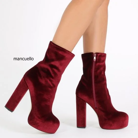 

Gorgeous Women Soft Velvet Burgundy Block Heels Ankle Boots Simply Design Round Toe Chunky Heel Platform Short Boots Celebrity