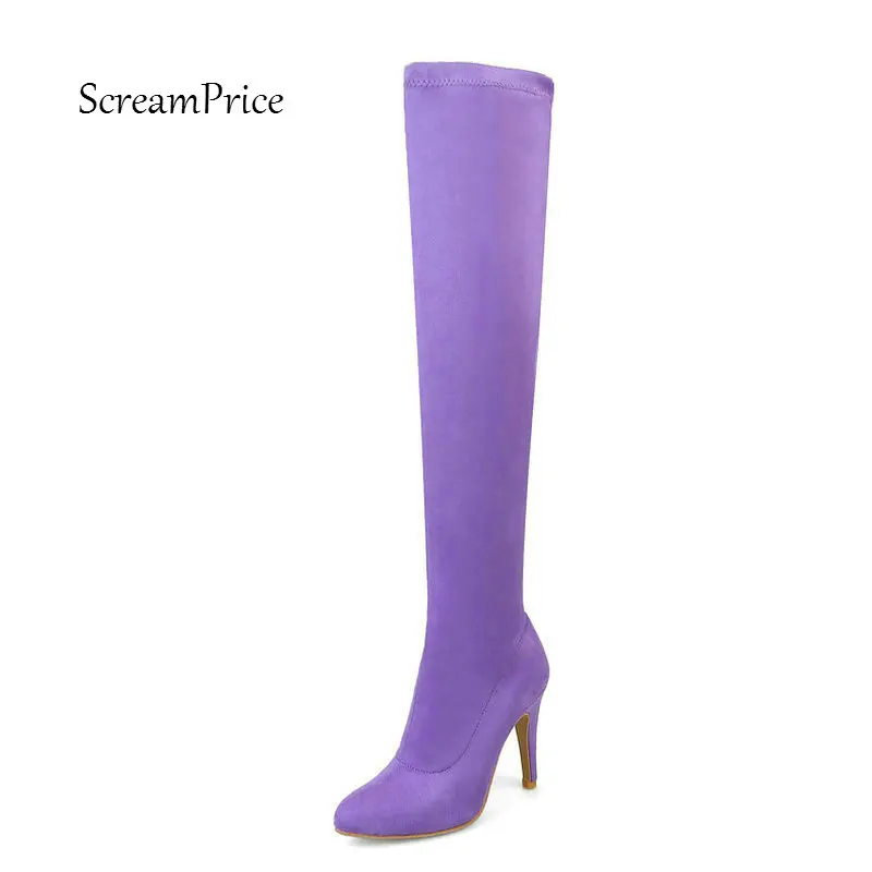 

Women Stretch Cloth Thin High Heel Over the Knee Boots Fashion Slip On Pointed Toe Warm Short Plush Winter Thigh Boots Black