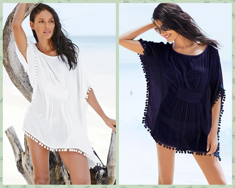 Swimsuit Cover Ups for Women Stylish Pom Kaftan Dress Summer Solid Black