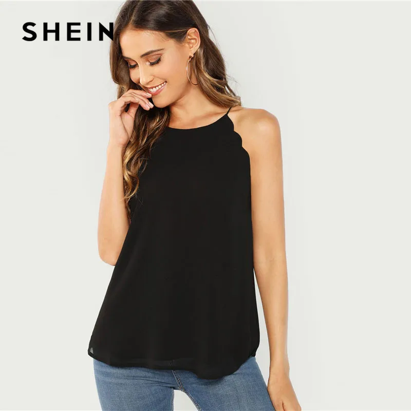 SHEIN Топ С Фестонами На Бретельках Повседневные Летние Модные Топы Без Рукавов Однотонный Элегантный Летний Топ