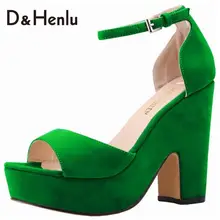 {D&H}Shoes Woman Ankle Strap High Heels Sandals Women Thick Heel Platform Sandals Vegetation Green Shoes sandalia feminina