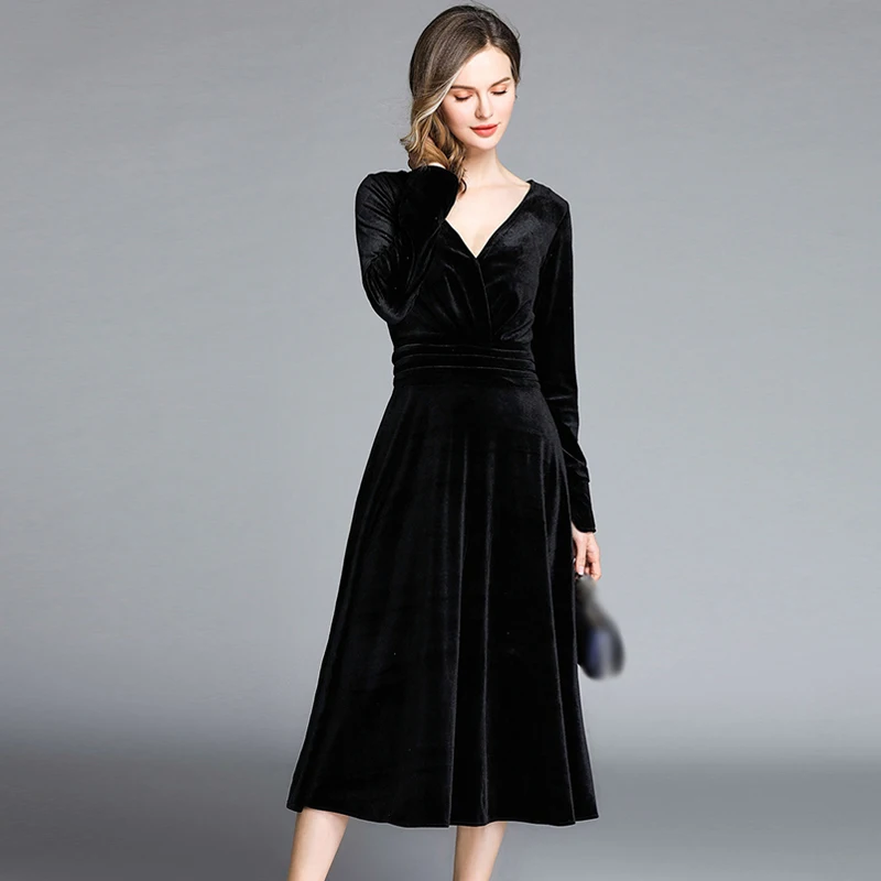 2019 осень зима Vestidos вельветовое платье для женщин с длинным рукавом в винтажном