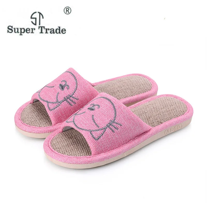 

ST SUPER TRADE Autumn Couples Cotton Flax Linen Home Slippers Women Print Cat Non-Slip Flat Shoes Men Breathable Slipper