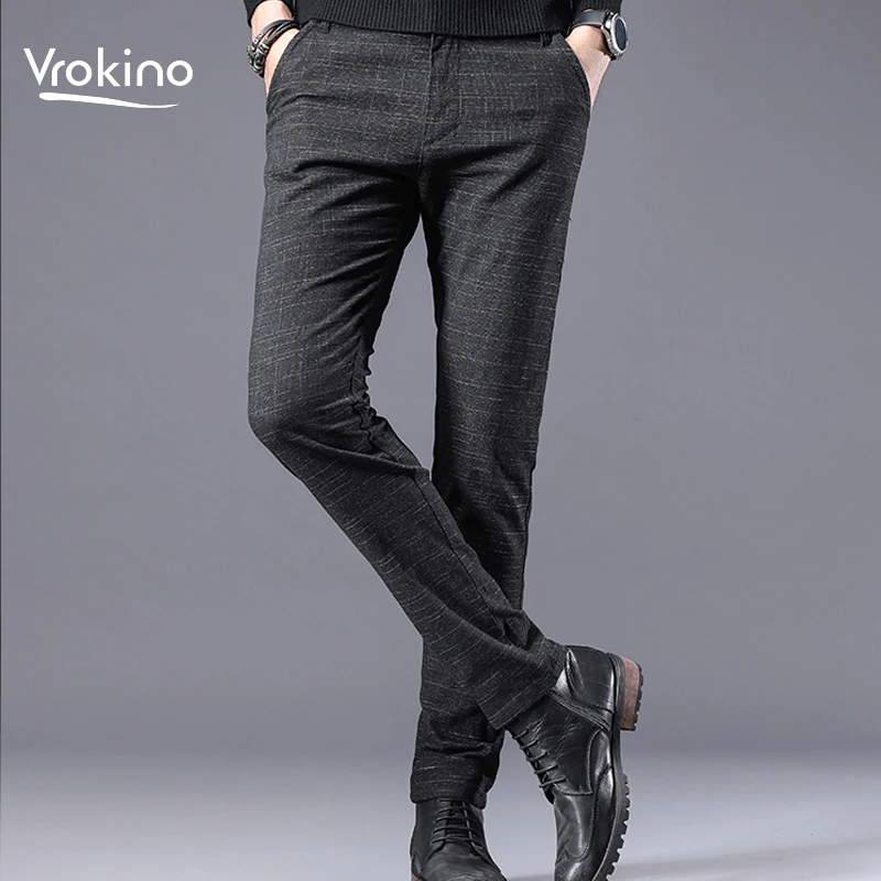

VROKINO 2019 Spring and Autumn New Listing Men's Casual Stretch Slim Trousers Fashion Men's Cotton Grey Casual Pants 26 28