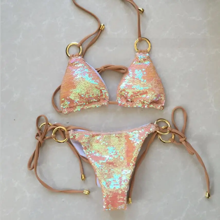 

2018 New reversible sequin fabric bikini set change color micro Brazilian bikini swimsuithalter balck silver pink swimwear