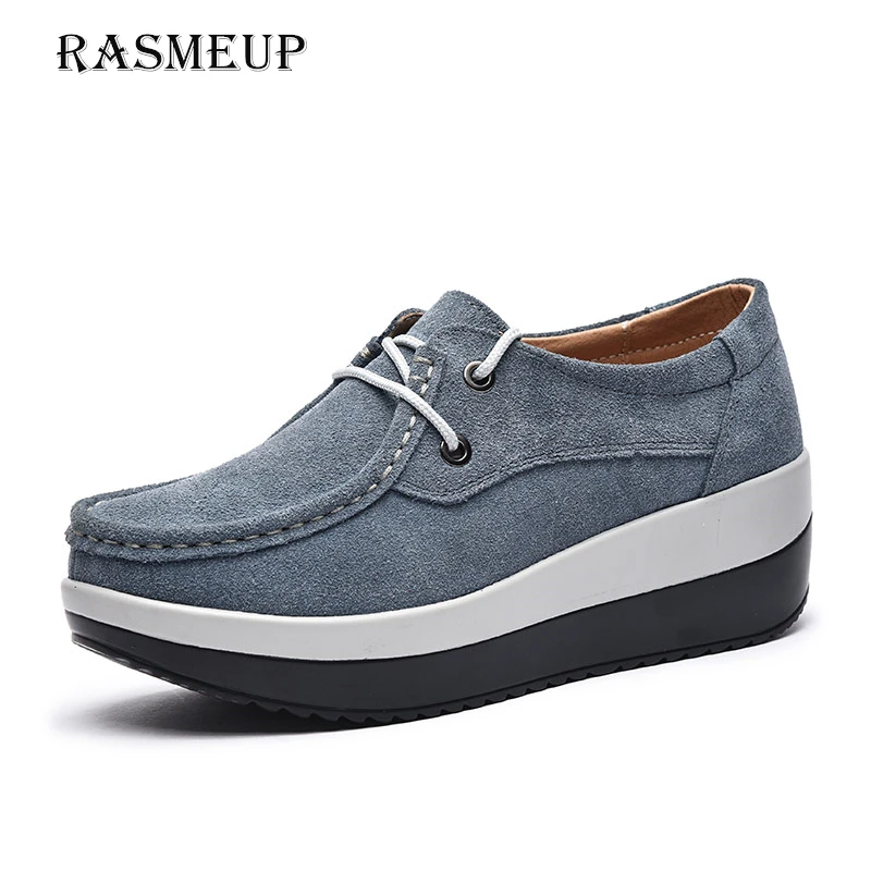 

RASMEUP Genuine Suede Leather Platform Sneakers Women 2018 Autumn Women's Lace Up Flats Woman Casual Creepers Moccasins Shoes