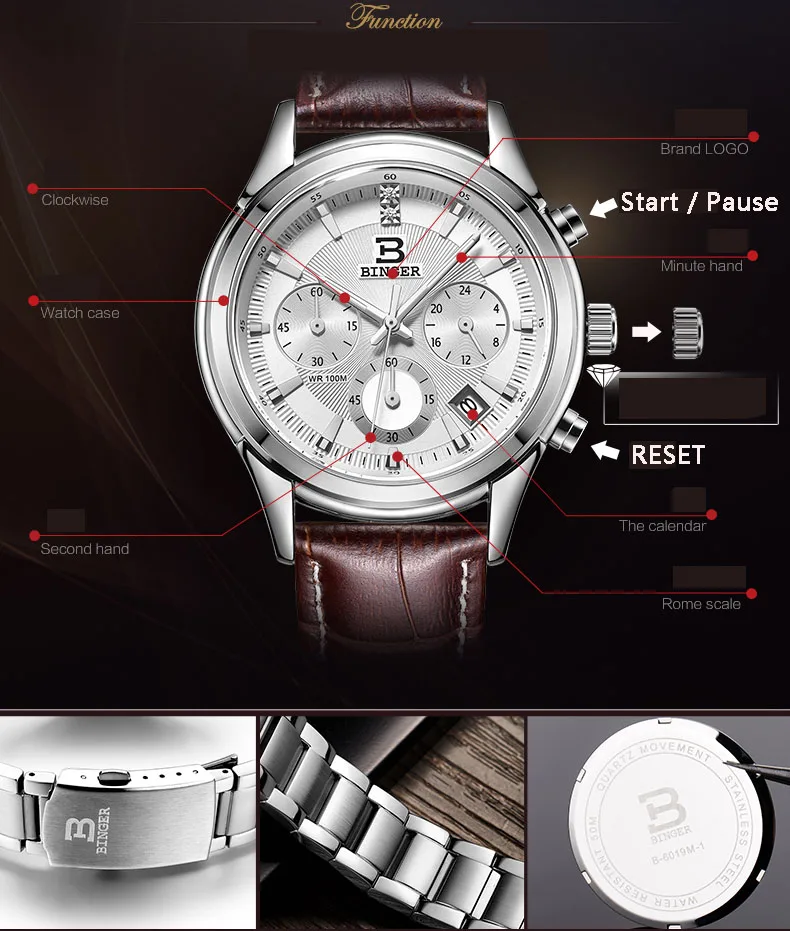 Switzerland Binger женские часы Роскошные Кварцевые водонепроницаемые часы с ремешком из натуральной кожи наручные часы с хронографом BG6019-W6