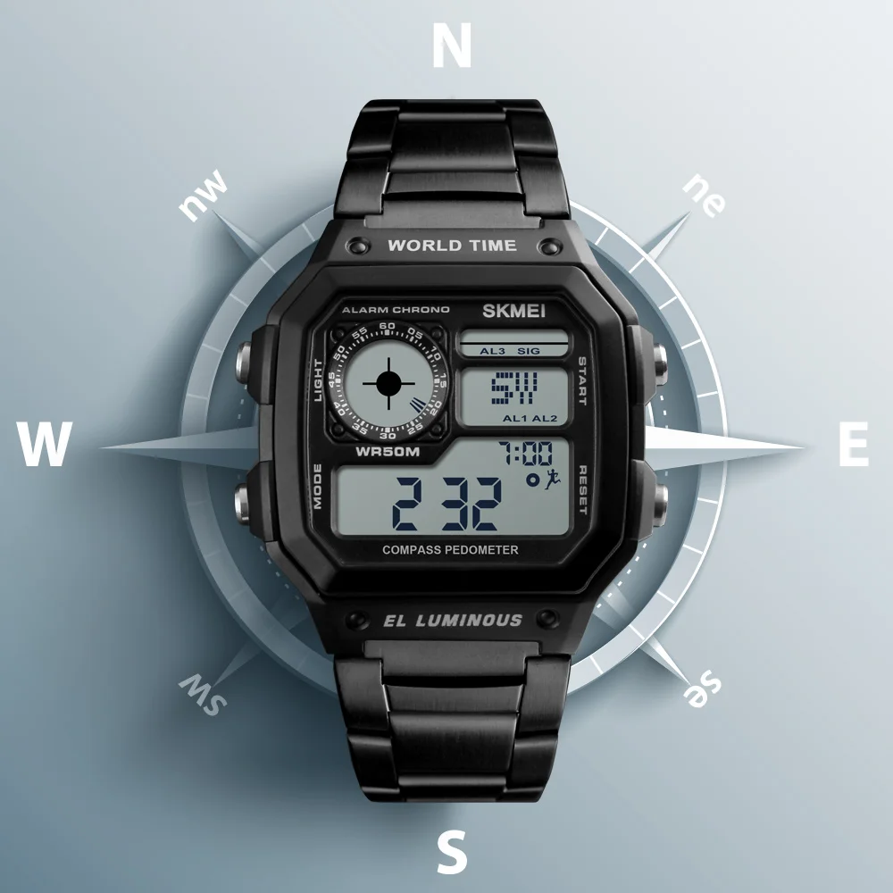 

SKMEI Outdoor Sport Watch Men Compass Calorie Pedometer 5Bar Waterproof Watches Stainless Strap Digital Watch reloj hombre 1382