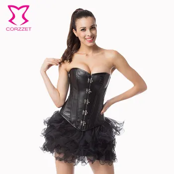 

Corstory Plus Size 6XL Black Leather Overbust Corset And Tutu Skirt Waist Slim Burlesque Halloween Party Club Steampunk Clothes