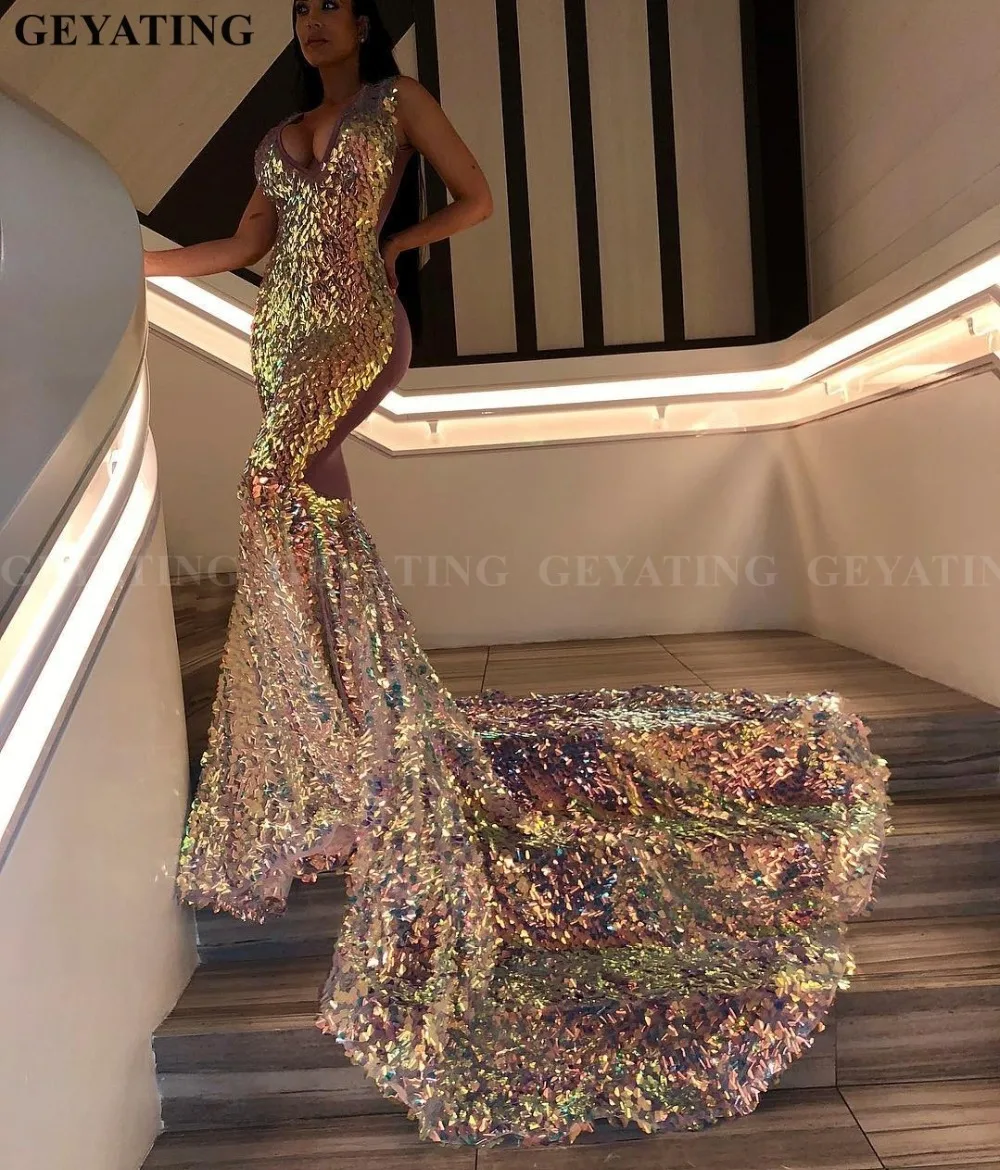 Блестящее Африканское платье русалки лавандового цвета для выпускного вечера со шлейфом v-образным вырезом размера плюс черное платье на выпускной вечер Bestido de Gala