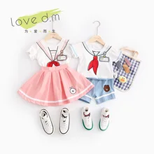 Летний стильный комплект одежды для маленьких мальчиков и девочек, одежда для новорожденных комплект из 2 предметов, футболка с короткими рукавами и рисунком+ платья, костюм для детей