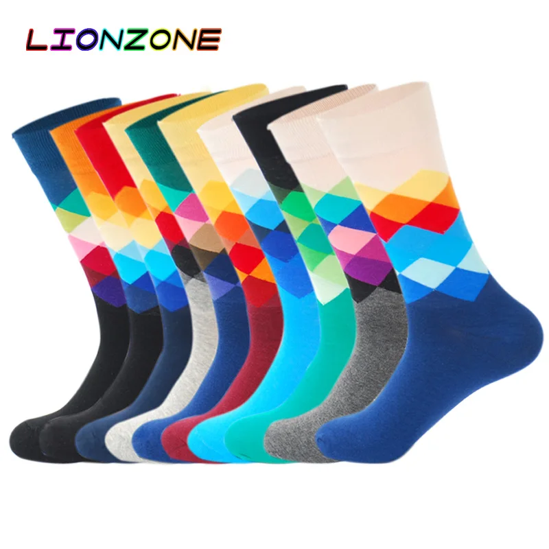 LIONZONE 10 пар/лот мужские градиентные алмазные счастливые носки забавные красочные скейтборд Мода чёсаный хлопок Мужские носки - Цвет: 10Mix