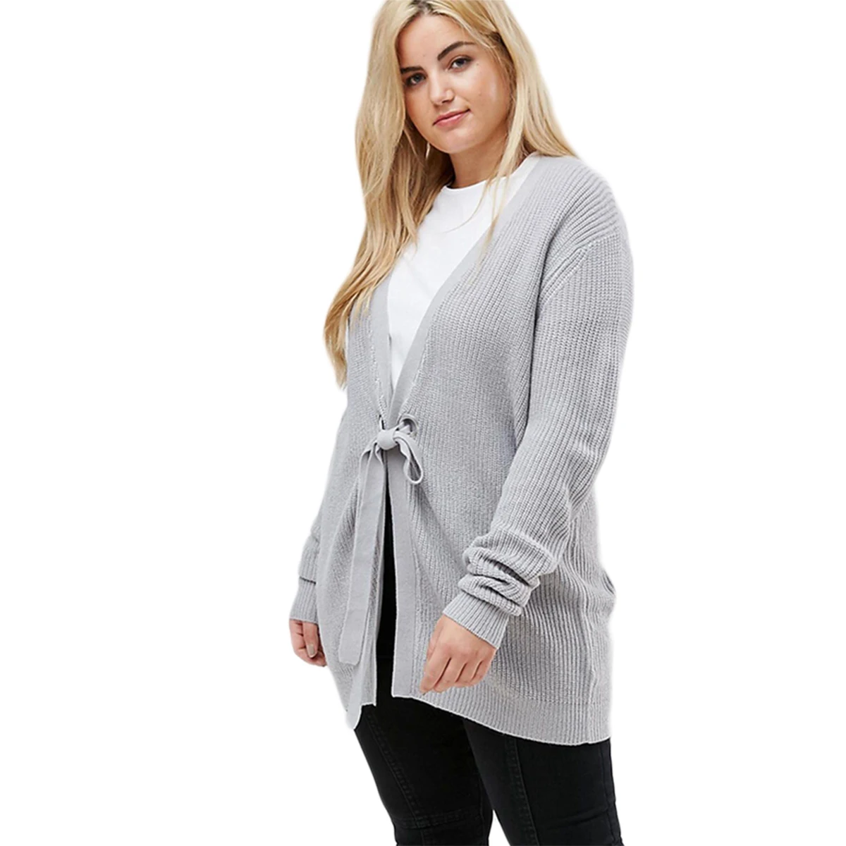 

Plus Size Striped Lace Up Sweater Women Simple Patchwork Loose Round Hole Straps Ridge Line Woven Sweaters