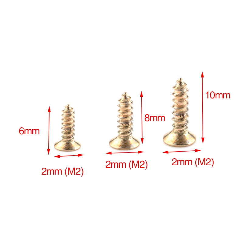 100 шт. NAIERDI 2x6/8/10 мм винтов гаек Золотой M2 на плоской подошве, с закругленным носком, подходят петли потайной самонарезающиеся винты, покрытые деревянные Аппаратные средства