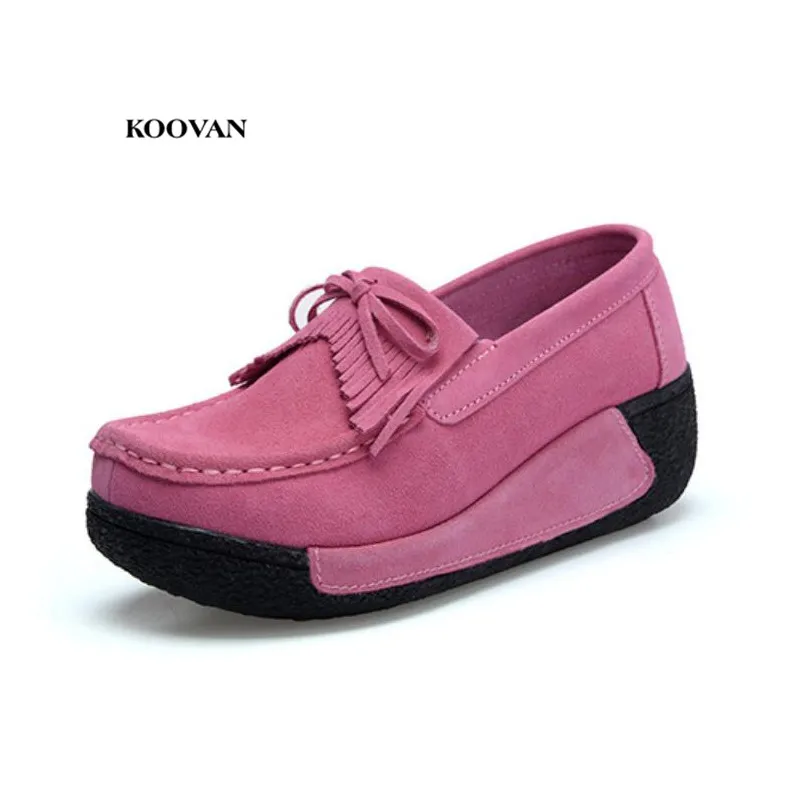 

Koovan Spring Real Leather Casual Women's Shoes 2018 Comfortable Women's Shoes Scrub Flat Fringed Thick Bottom 5.5cm Heel
