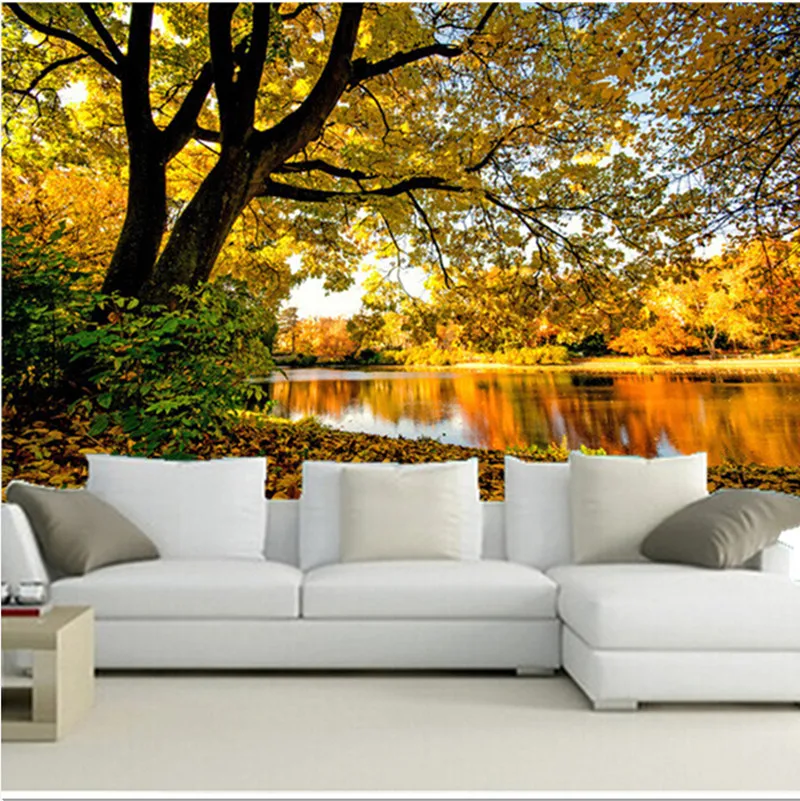 Peintures murales 3D personnalisées | Papier mural 3D, jaune doré, rivière, saule et paréo, pour mur de café, salon, canapé, pour chambre à coucher