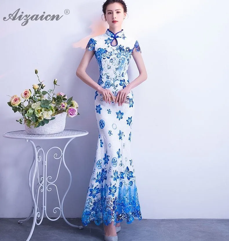 Модерано sirena azul Banco largo Cheongsam las mujeres chino vestido de noche Qipao Longue Femme Chinoise винтажные платья