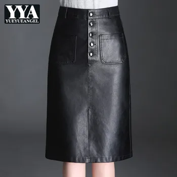 

Autumn PU Leather Knee-length Skirts Women Solid Black High Waist Single Breasted Skirts Female Office Lady Skirt Plus Size 4XL