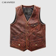 CARANFIER мужские ретро воловья кожа жилеты бренд Ангел мотоцикл байкерская куртка без рукавов мужской бренд Ангел натуральная кожа жилеты