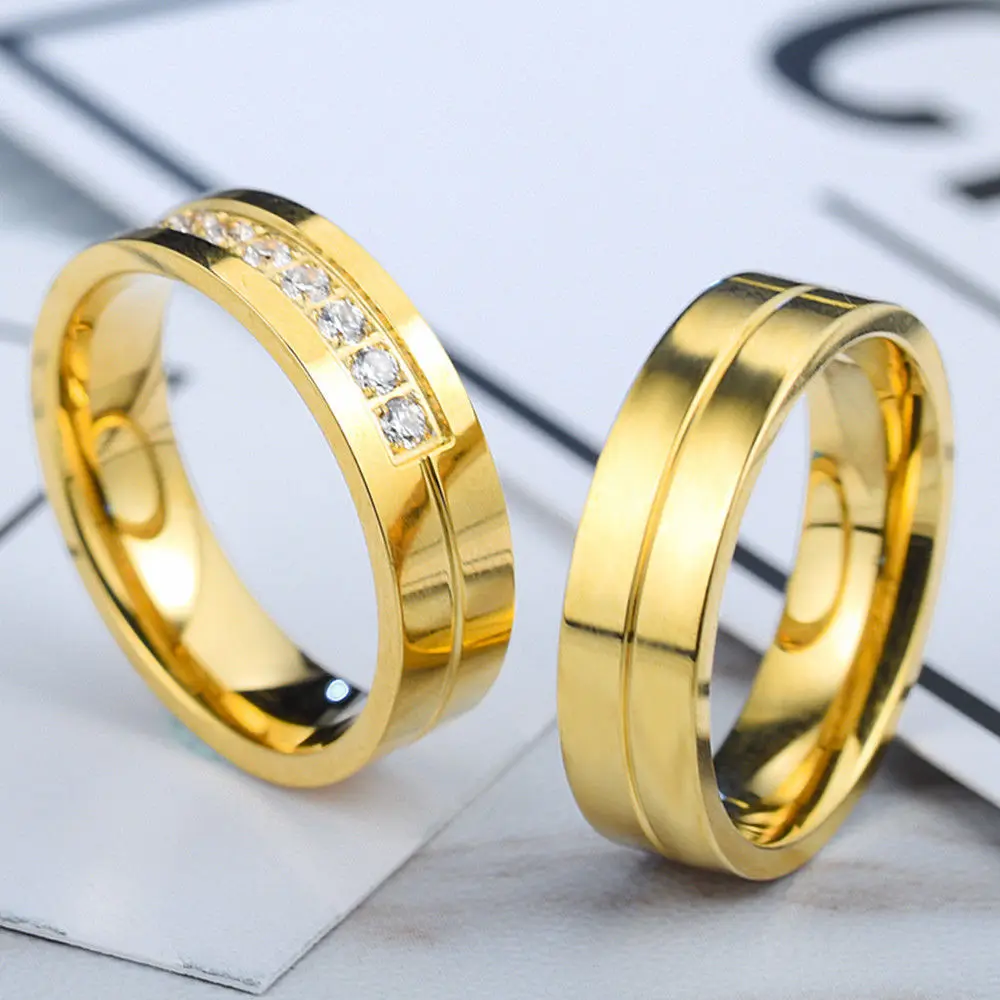 18K Gold Plated CZ Stainless Steel Ring Women Men Wedding Couples Rings For Love Drop shipping