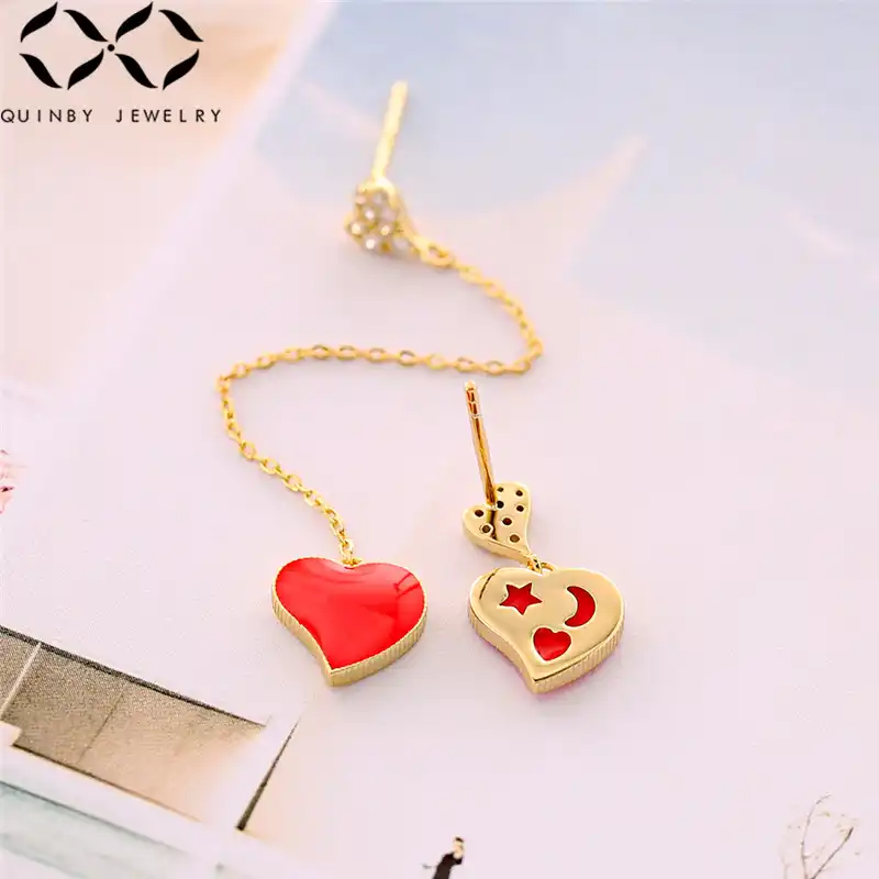Серьги из стерлингового серебра 925 пробы, асимметричные серьги с красным сердцем и кристаллами cz, женские серьги золотого цвета 2019, модные ю...