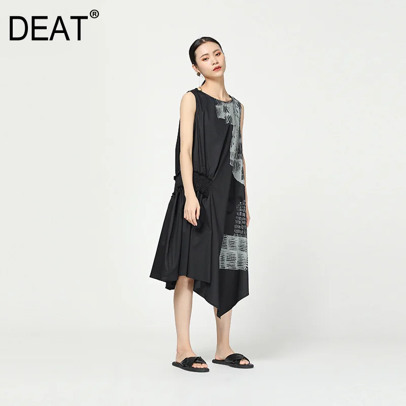 

[DEAT] 2019 New Spring Summer Round Neck Sleeveless Pattern Printed Pleated Irregular Hem Loose Dress Women Fashion Tide JW04