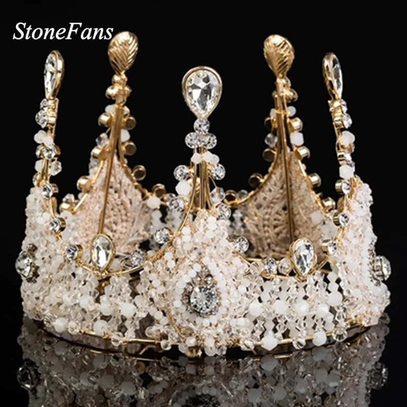 

StoneFans Handmade Bridal Hair Jewelry Wedding Crown and Tiara Trendy Rhinestone Queen Round Big Princess Crown for Party Cake
