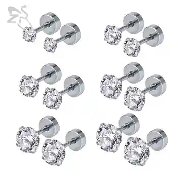 ZS 6pairs/lot Stainless Steel Earrings for Women Stud Earrings Piercing Cartilage Round Crystals Stud Earrings Children Brincos