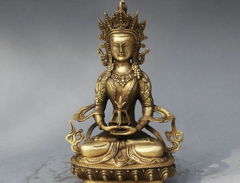 

9" Old Tibet Buddhism Fane Brass Amitayus Longevity God Goddess Buddha Statue