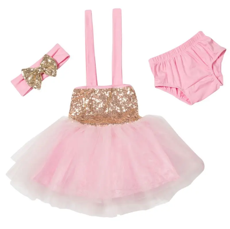 Pink Sequined Glitter Tulle Princess Girl Toddler Baby Dress 1st