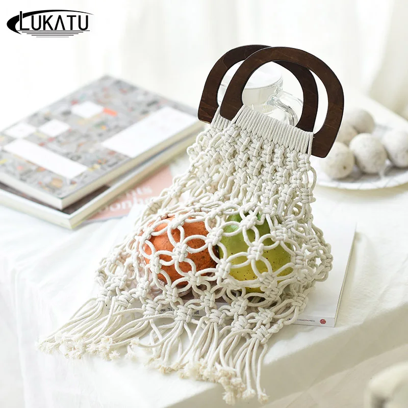 LUKATU Straw Bag Women Handbag New Hot Summer Hollow Woven T Holiday Handmade Cotton Rope Net Beach Bolsa | Багаж и сумки