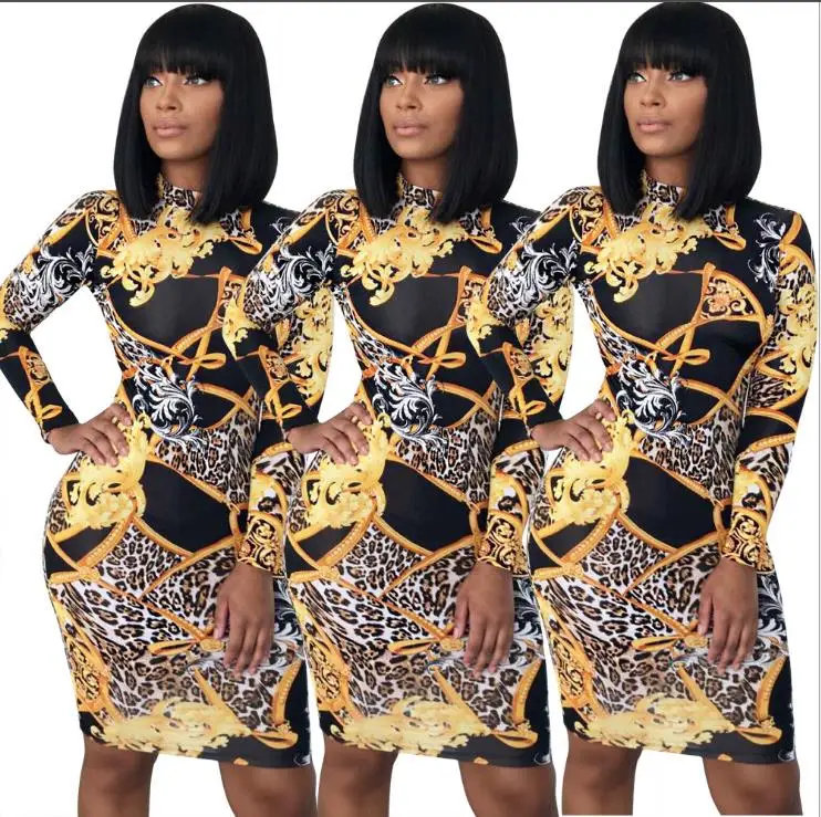 

New fall and winter 2018, digital print sexy tight dress