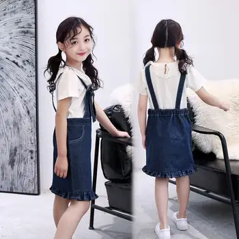

Summer Girls clothing Set Kids Jumper Jeans Ruffles Dress Girls Cotton T-shitrt Suspenders Dress Outfits For 8 10 12 14 Years