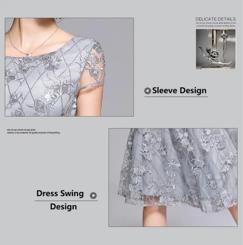 Summer Lace Mesh Embroidery Dress Chiffon Women O-Neck Short Sleeves A-Line Silver Vintage Long Party Elegant Dress Vestidos