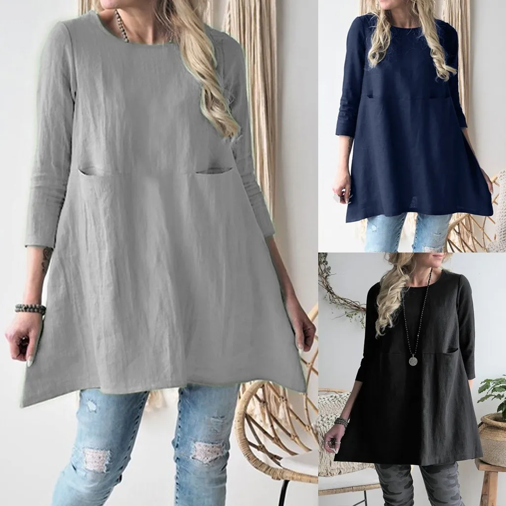 punk Women Casual Round Neckline Linen Solid tops Shirt Boho Loose Pocket Tops summer for women 2019 | Женская одежда
