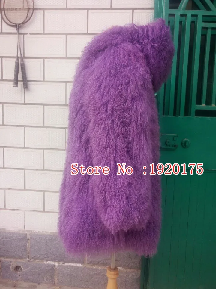 Women real mongolian sheep fur coat hooded beach wool medium