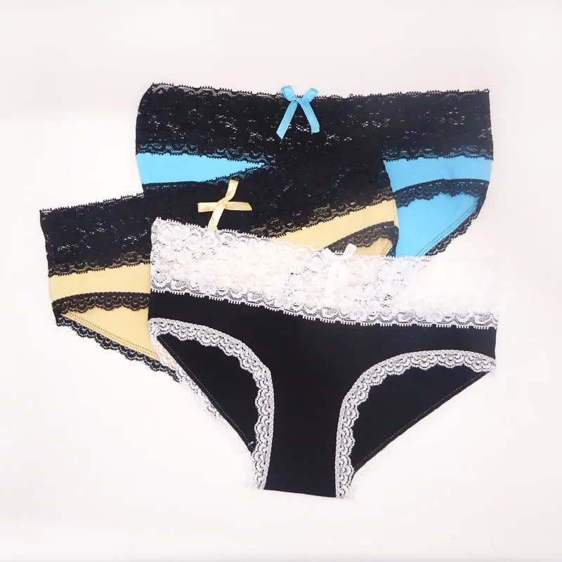 Moonflame 3 pcs/lots New Arrival Sexy Lace Underwear Cotton Women Briefs Panties 89230 - Цвет: black.khaki.blue