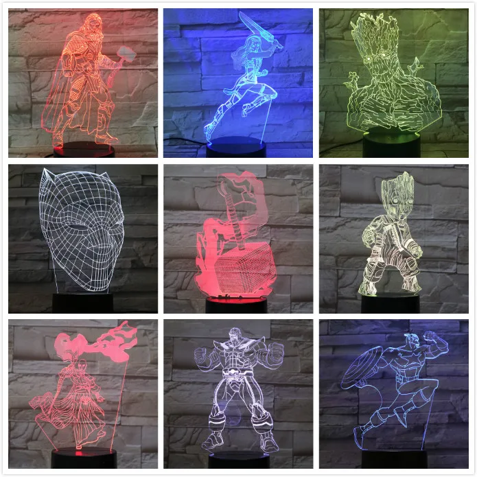 Usb 3d Led Night Light Marvel The Avengers Superheros Thor Hammer Rocket Raccoon Groot Thanos Figure Table Lamp Bedroom Neon